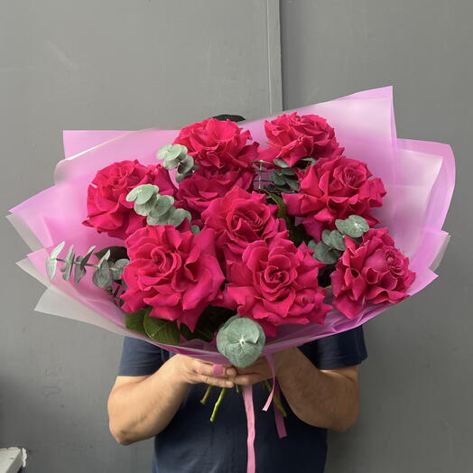 Малиновые французские розы️️ с эвкалиптом 9 шт💘