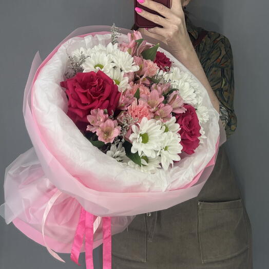 Букет яркий 🩷 французская Роза фулл Монти 🥐🥐🥐 розовые диантусы 🌸🌸🌸 альстромерия 🌿