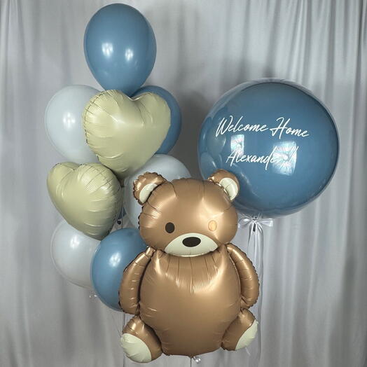 Набор воздушных Шаров с надписью Баблс с мишкой 12шт индиго. Set of helium balloons with inscription giant bubble 12 pcs indigo