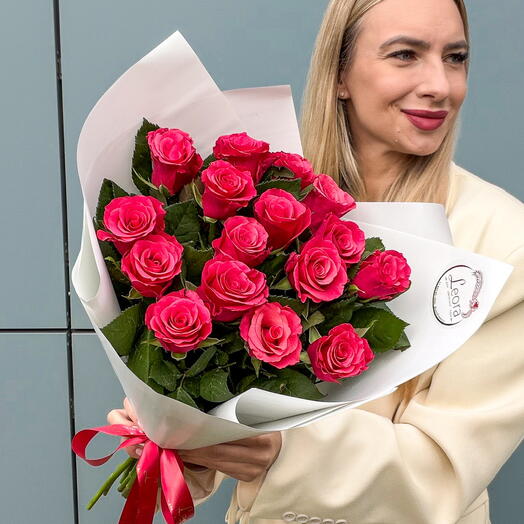 15 роз цвета фуксии — монобукет 577