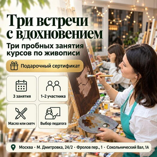 Подарочный сертификат «Три пробных занятия курсов по живописи» (2 часа, 1 человек в составе группы)