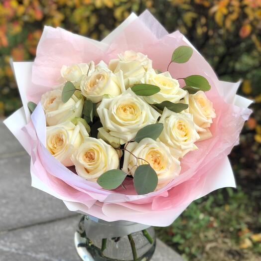 White roses with eucalyptus
