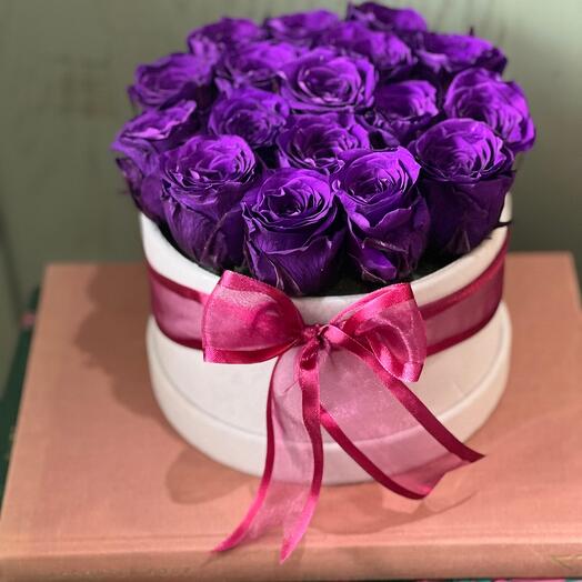 Purple roses in a box