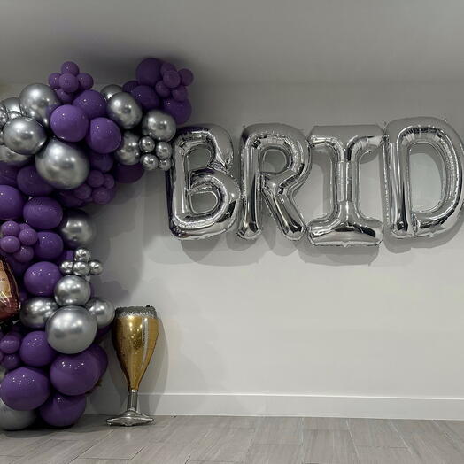 Bride garland balloons 12 feet, plus text Bride, 2 champagne balloons silver, purple colours