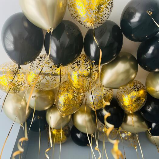 Set of 30 balloons, helium balloons in black, golden color, balloons with golden confetti