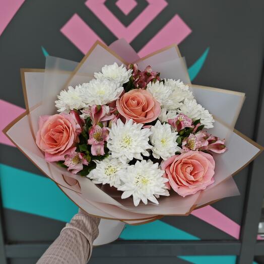 Букет "Нежность утра" 🌸 с розовой розой,хризантемой и альстромерией