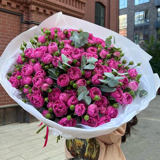 Пышный букет из 25 пионовидных кустовых роз с эвкалиптом