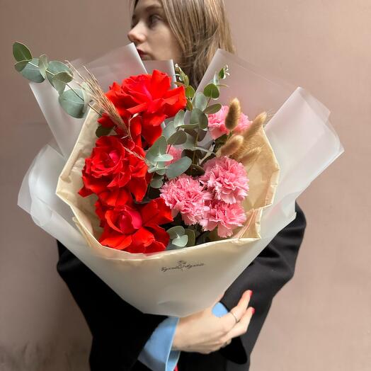 Букет «Амели»(французская Роза Нина, эвкалипт, диантусы, сухоцветы)