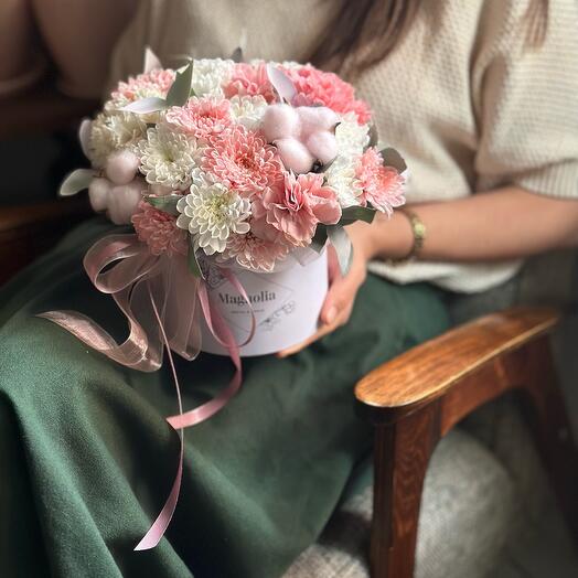 SMILE! a box with bush chrysanthemum, cotton and eucalyptus