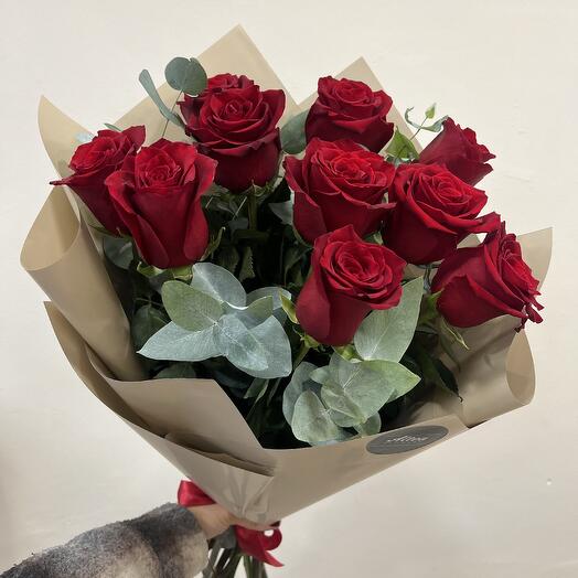 10 red rose with eucalyptus