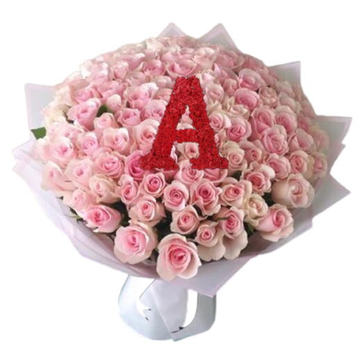 100 Pink Roses with Greeneries   Customized Letter in White Wrapping