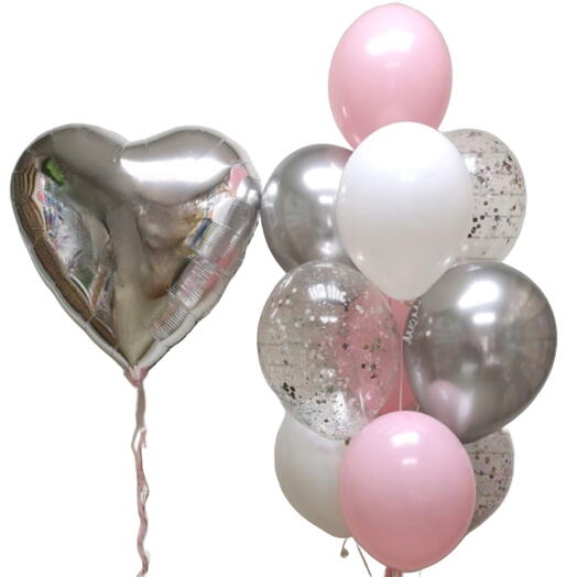 Set of helium balloons 12 pcs silver, pink. Набор воздушных шаров гелий 12 шт серебро, розовый