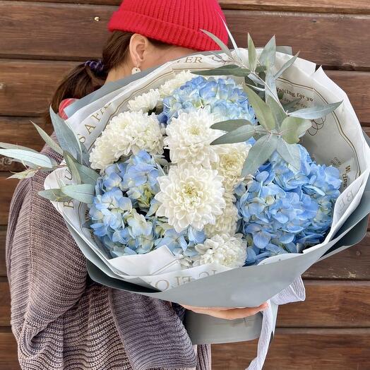 Букет цветов [91] Blue гортензия и хризантема