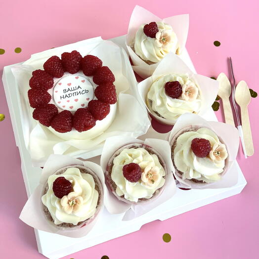 Бенто торт с Вашей надписью и набором капкейков ассорти на день рождения