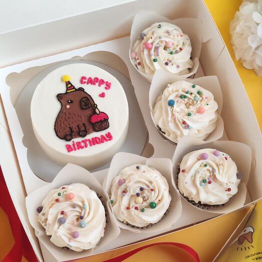 Combo set of bento cake with capybara and 5 cupcakes