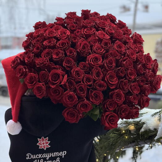 101 роза на ленте 70 см Эквадор