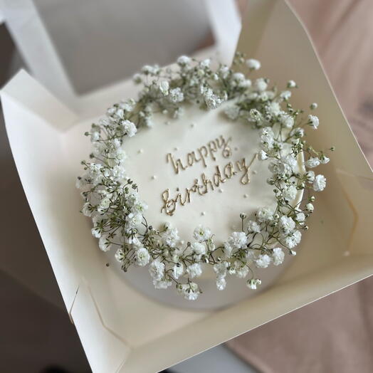 Макси бенто торт Happy birthday с веночком из гипсофилы