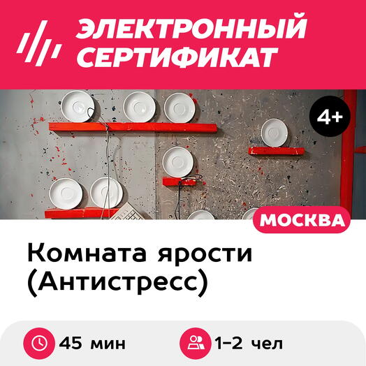 Подарочный сертификат Комната ярости, программа Бей посуду для 1-2 чел., 45 мин. (Винзавод)