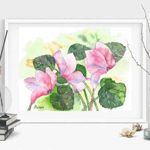 Картина акварель цикламен цветок. Подарок девушке