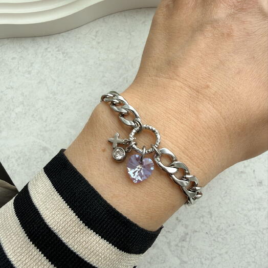 Браслет из стали с лавандовым сердцем Swarovski