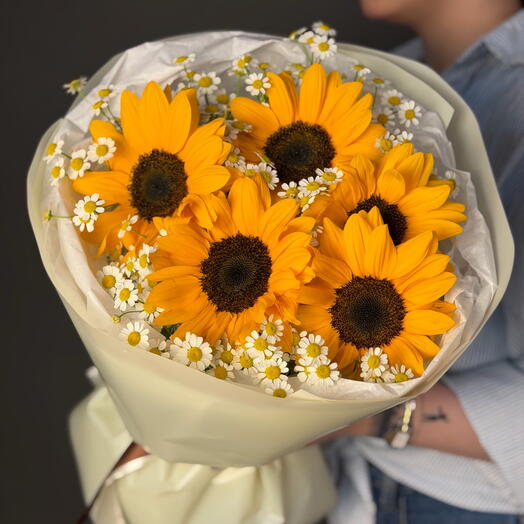 Букет подсолнухи 🌻 и ромашка стильный и яркий