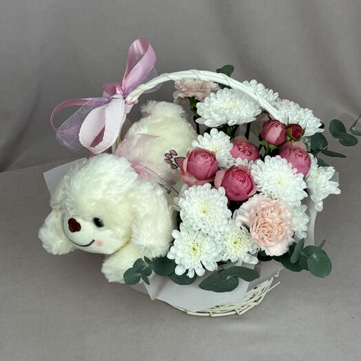 Цветы в корзине с игрушкой🌸🧸. Хризантема, диантус, Сильва пинк