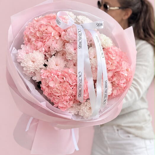 Дуо букет хризантема и гортензия PINK