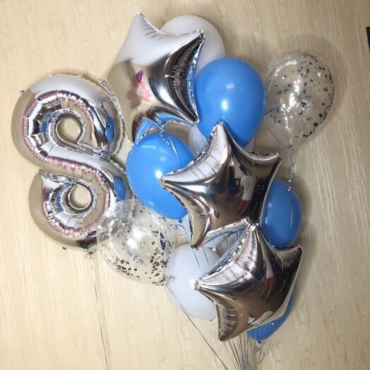 Helium balloons for birthday 8 years old Silver with blue 14 pcs