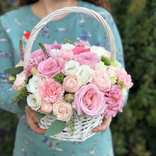 Basket of roses, eustom and carnations Tenderness in pink