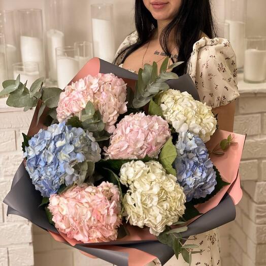 Ramo de 7 hortensias con eucalipto