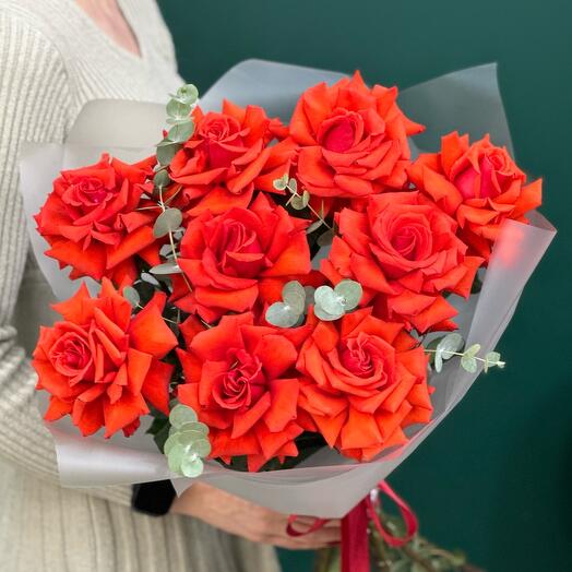 French scarlet roses and eucalyptus