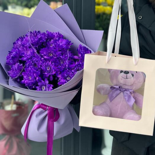 Набор из букета с хризантемами и сиреневого мишки 💜
