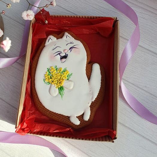 Пряник Котик с букетом Мимозы