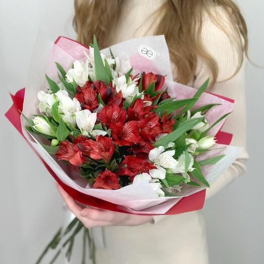 Монобукет из белых альстромерий Winterfell (Винтерфелл) и красных альстромерий Nadya (Надя) | 9