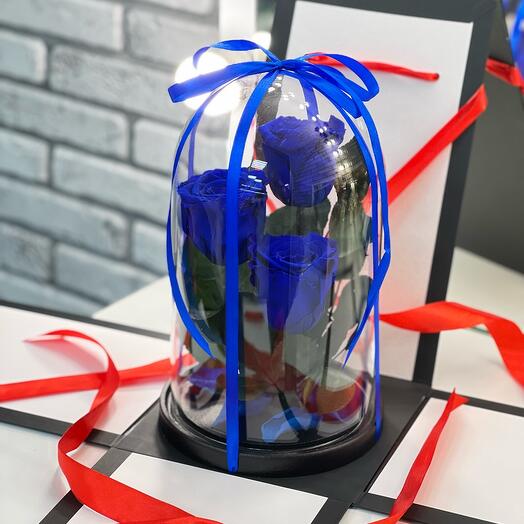 Трио «Premium» синие розы в колбе в подарочной коробке /26 см