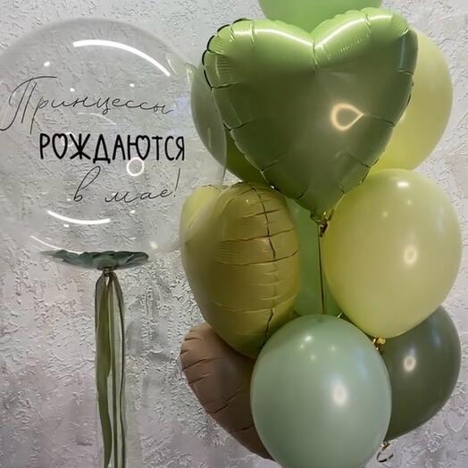 Воздушные шары баблс с зеленью и фонтан из 10 Шаров