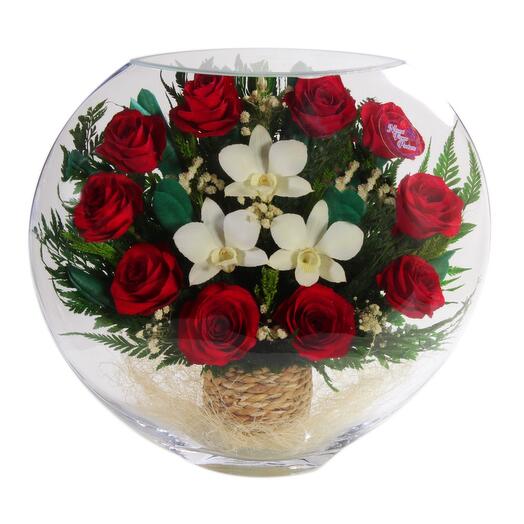 Flowers in glass in vacuum "Bertha the red", roses and white orchids