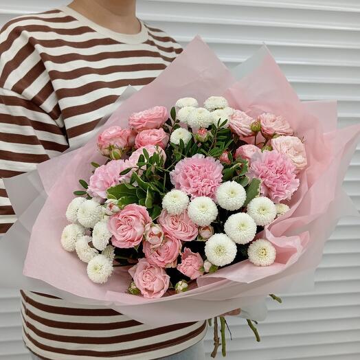 Bouquet of bushy peony-shaped Roses , Chrysanthemums and Dianthus