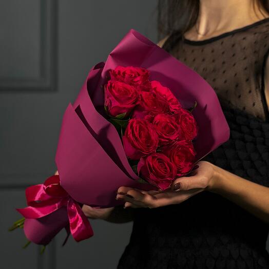 Bouquet of 9 bright pink roses in designer packaging
