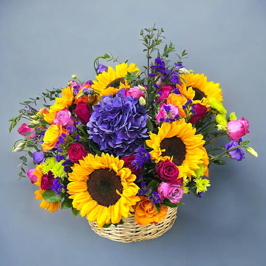 Radiant Sunshine Basket | Lush Sunflowers, Hydrangeas   Roses Arrangement