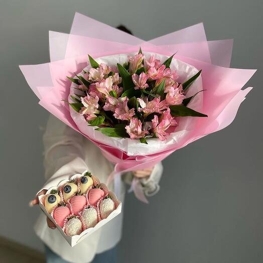Комбо-набор букет альстромерий 🌸 и клубника в шоколаде 9 шт 🍓