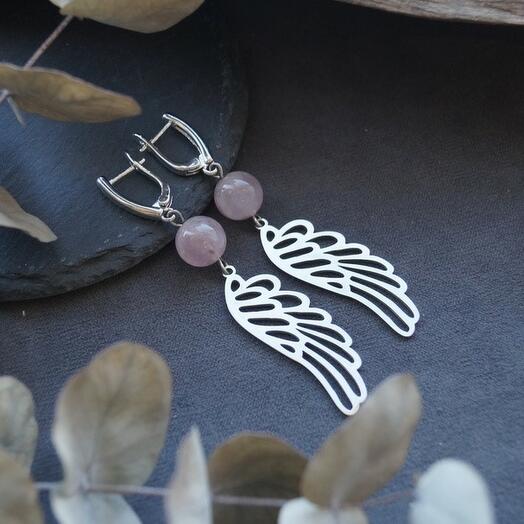 Серьги-крылья с розовым кварцем