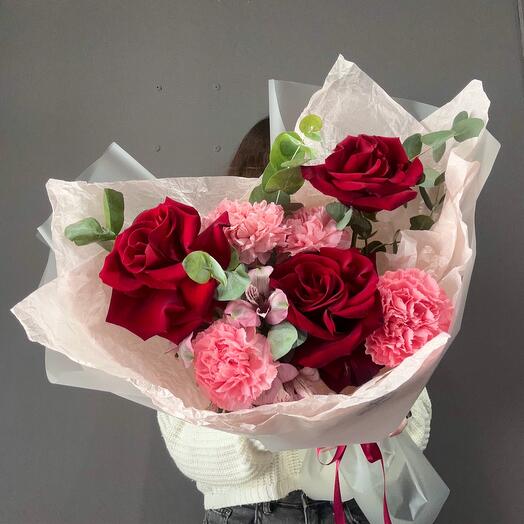Bouquet with red roses and eucalyptus
