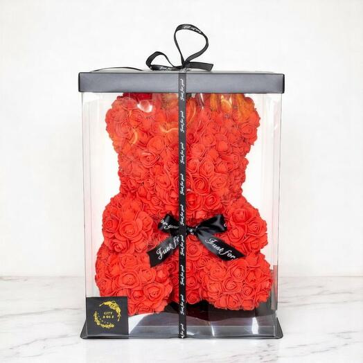 Medium Red Rose Teddy Bear in Gift Box – Artificial Flower Bear for Romantic Gifts   Home Decor