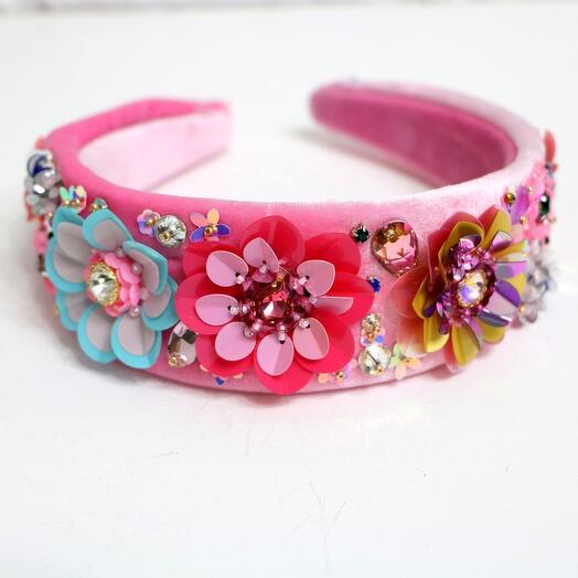 Розовый бархатный ободок ручная авторская вышивка