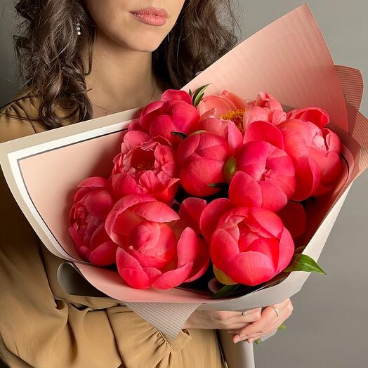 Коралловые Пионы 9 шт. Букет F099 Цветы Столицы