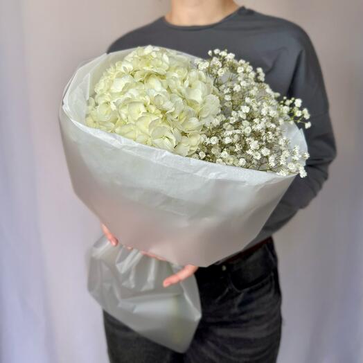 Bouquet of white gypsophila and hydrangea