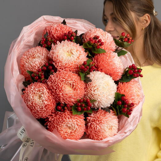 Букет коралловых хризантем, 11 шт