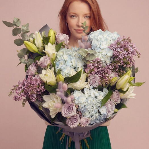 Нежный букет с сиренью, розами и лилиями для любимой