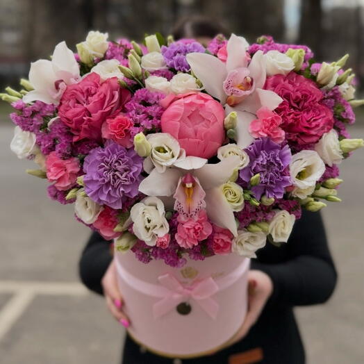 Малибу 💜пион , пион розы , эустома , орхидеи в коробке